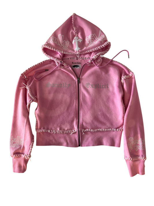 Brand New Socially EXplicit pink zip up hoodie ONE OF A KIND WEARABLE ART! One available